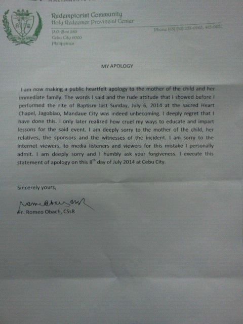APOLOGY. The letter written by Fr. Romeo Obach to apologize to an unwed mother he scolded when he baptized her child.
