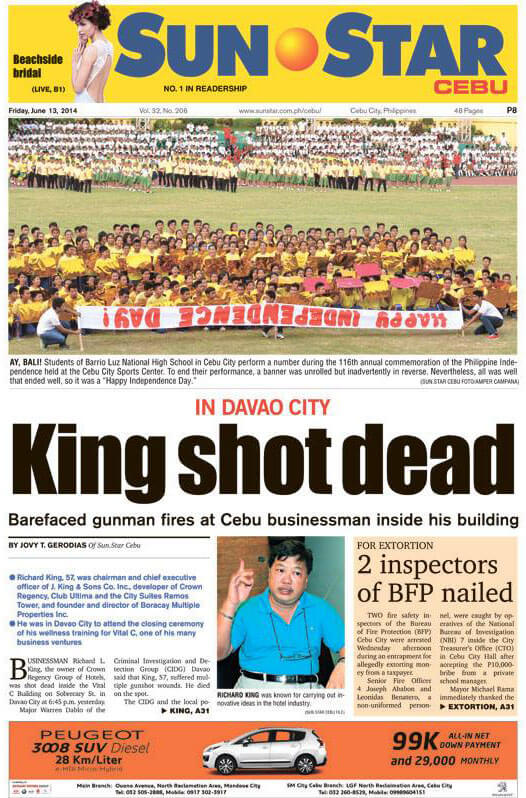 KILLED. Sun.Star Cebu's front page story on the killing of Richard King. (Taken from Sun.Star Facebook Page)