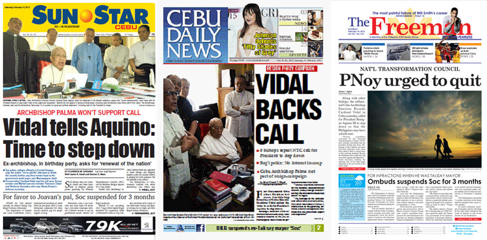 Cebu News Digest: Feb. 14, 2015: To prevent traffic congestion, drivers told bring chalk for road marking during accidents; Vidal supports call for Aquino to resign
