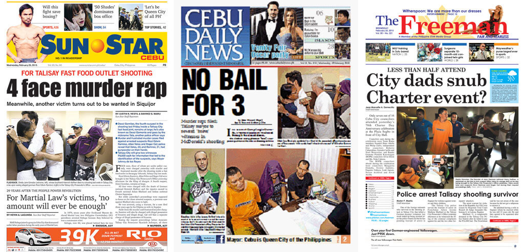 Cebu News Digest: Feb. 25, 2015: 4 face murder raps for Talisay fastfood shooting; CITOM buys P5M towing truck for campaign against illegal parking; 10-wheeler collision with 6 vehicles causes heavy traffic in Mandaue