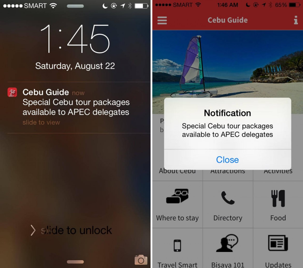 ALERTS, UPDATES. Cebu Guide can send users notifications from APEC alerts to updates on places to go and things to do in Cebu.