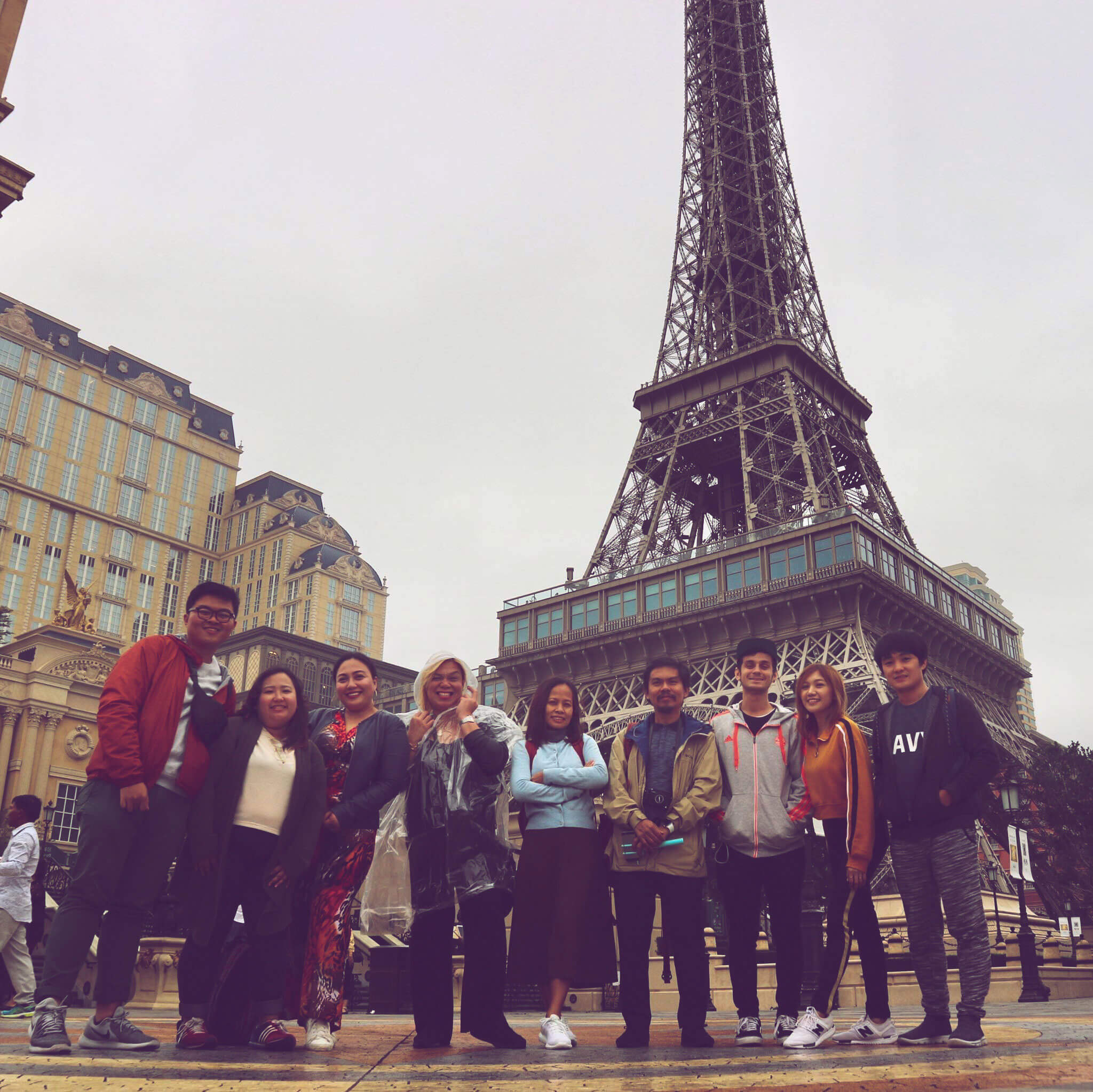 CEBxKlookTravels Team Macau. Our group of Cebu bloggers and writers in front of the replica of Eiffel Tower in the Parisian in Macau. (From left) Ryan Calle, Deneb Batucan, Sweet Veloso-Selma, Jude Bacalso, me, Max, Sven Macoy Schmid Lysa Amor Diaz -Ota, and Miong Pelimon.