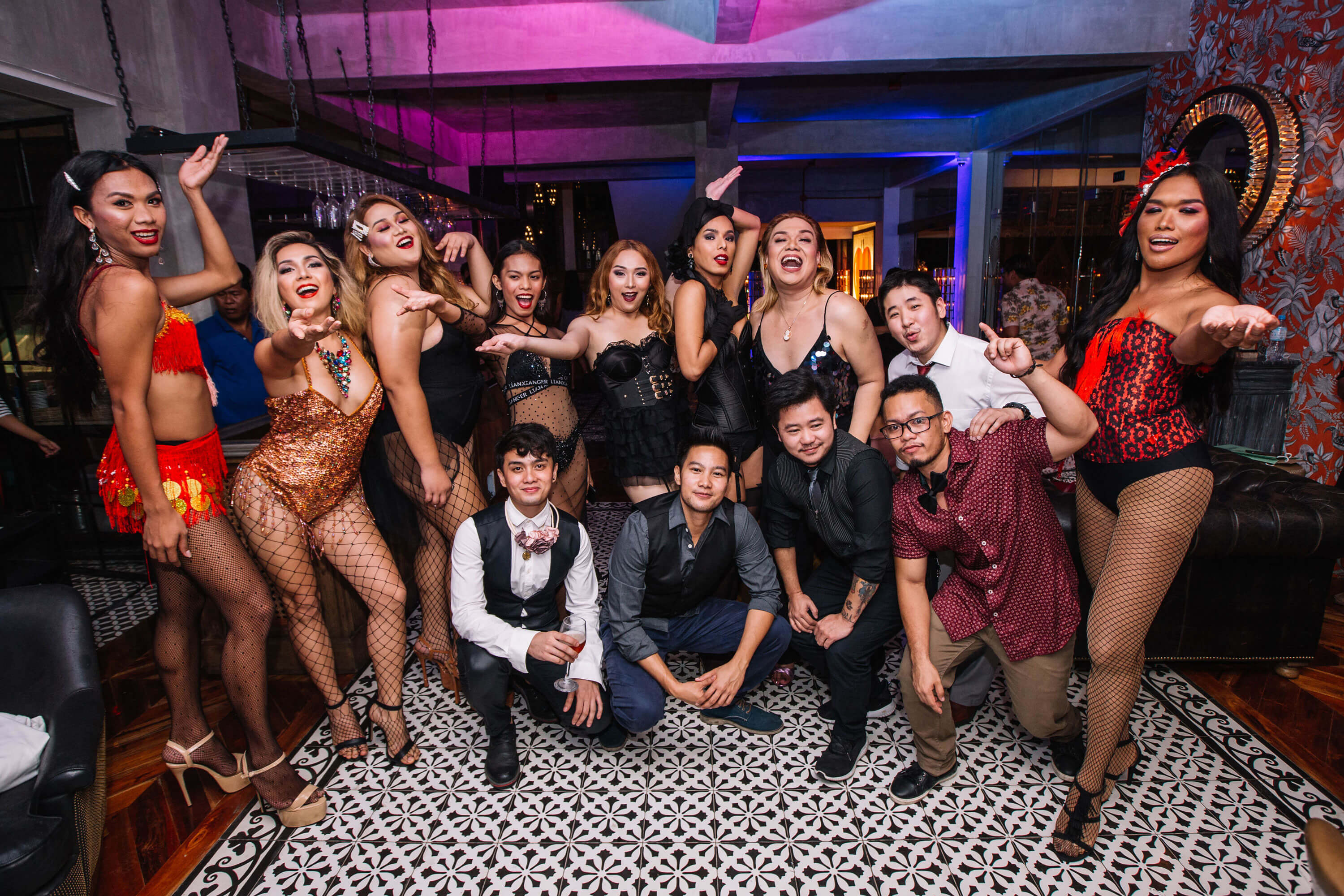 THE CAST OF POSExLAVIE’S first week: House of Ikils, House of Femininity and House of Masculinity with Kevin Lester, 1st Runner Up for Mister Gay World Philippines, judge Van Go, and host Jude Bacalso.