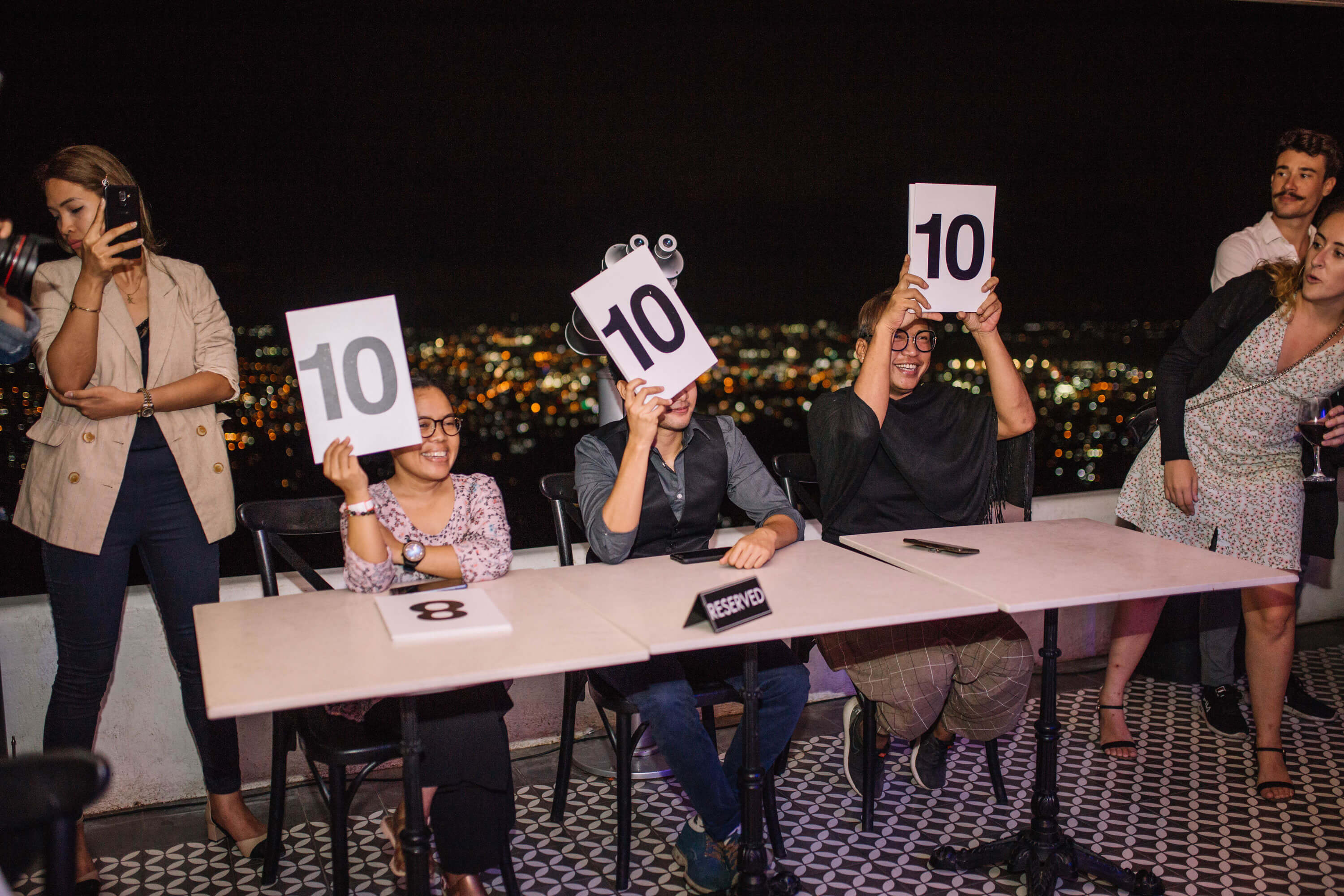 PERFECT SCORE! Moulin Rouge Realness judges (from left), ClickCebu’s Niza Marinas; Van Go, co-founder of the first transman association in the Visayas and Mindanao; Project Runway Philippines alum Mel Maria hand a rare perfect 10 across the board.