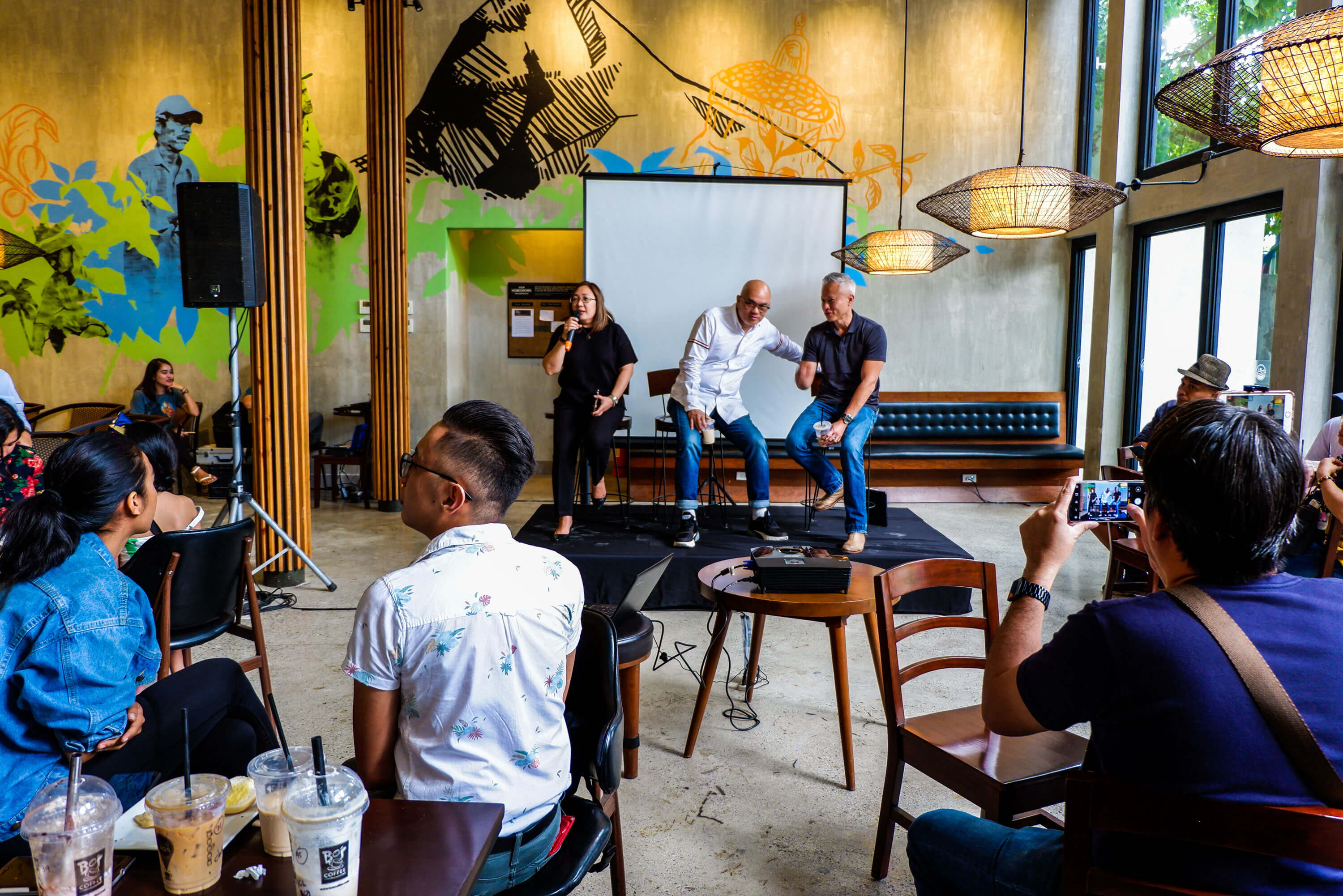 CHATBOT LAUNCH. Speaking during the press conference to launch the Bo’s Coffee Facebook Messenger chatbot are (from left) Bo’s Coffee COO Rachel Fallarme, founder Steve Benitez, and developer Cary Gee.