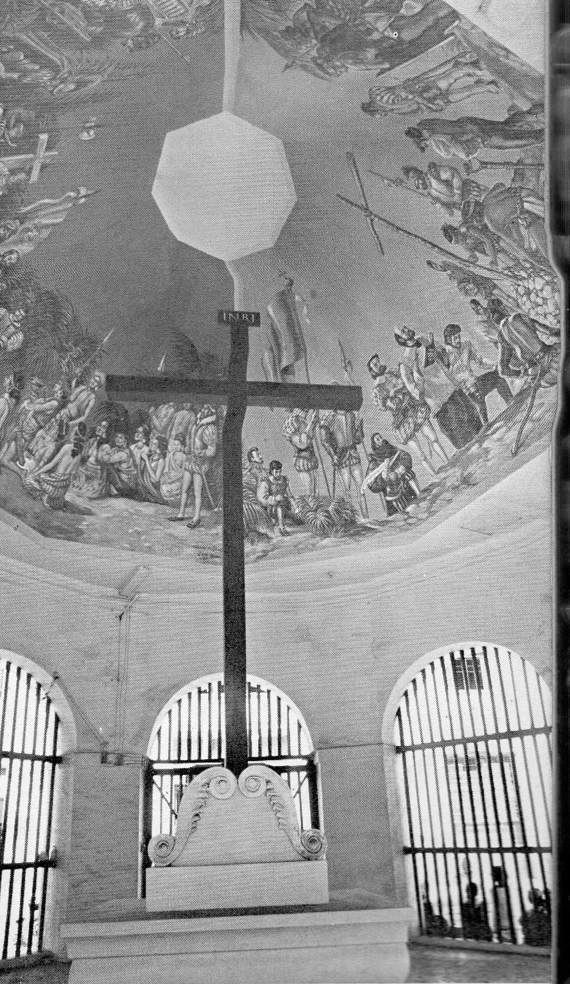 NO TEXT OF CLAIM. This photo after a restoration of the kiosk by the Knights of Columbus several decades ago (we’re still looking into date) does not show at the base of the cross the panel that contains the claims about the original cross and its site.