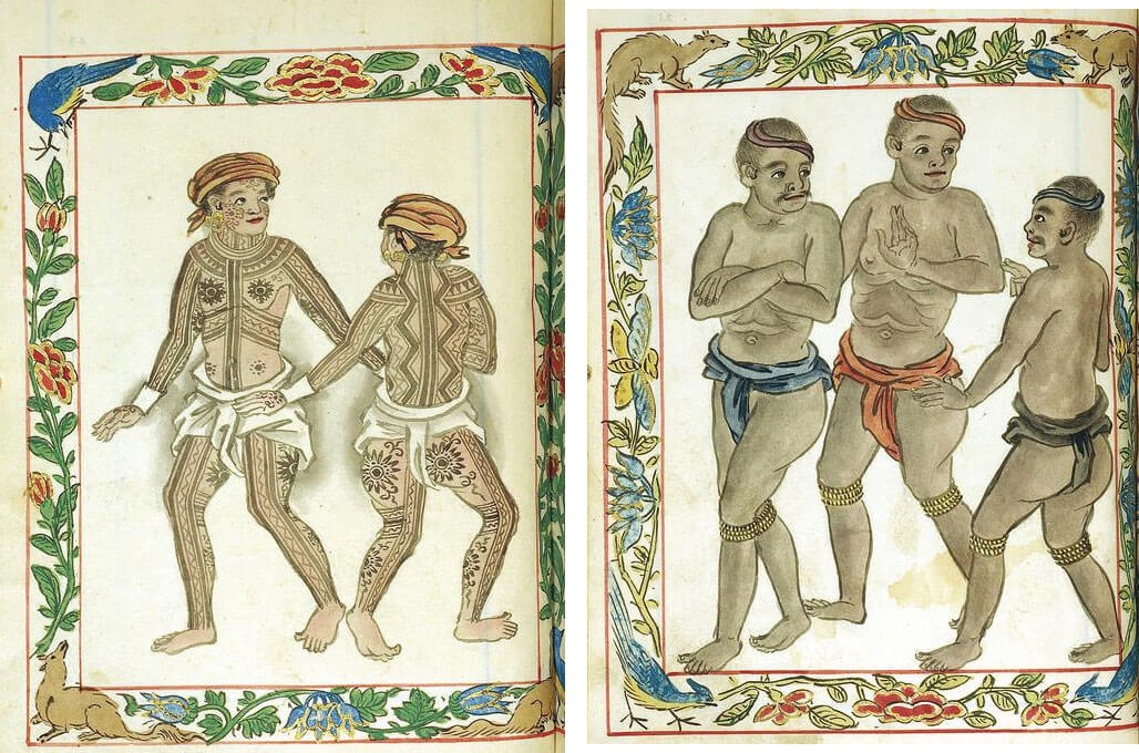 VISAYAN PINTADOS. The Boxer Codex, a book published in the 16th century, contains illustrations of ethnic groups across Asia, including the Philippines. Above left is its illustration of Pintados of the Visayas, where people used to extensively tattoo their bodies. At right are Visayan slaves.