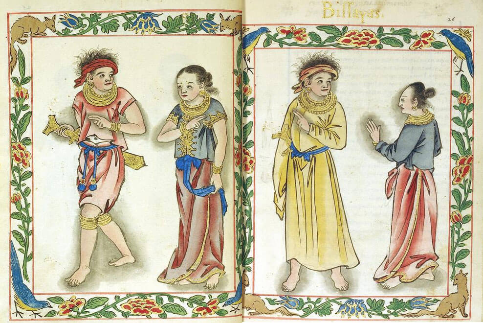 ROYAL CLASS. A Visayan kadatuan and his wife (left) wearing the red color of their class are shown in this Boxer Codex illustration. At right is a timawa couple, who are lower than royals but of higher class than the uripon or slaves.