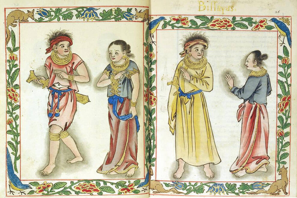 ROYAL CLASS. A Visayan kadatuan and his wife (left) wearing the red color of their class are shown in this Boxer Codex illustration. At right is a timawa couple, who are lower than royals but of higher class than the uripon or slaves.