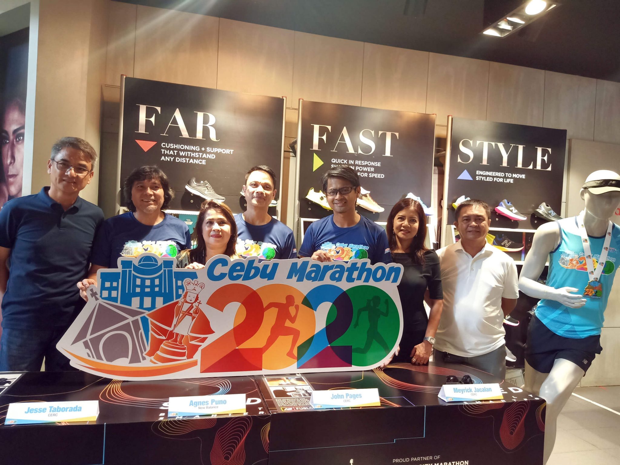 CEBU MARATHON, NEW BALANCE PARTNERSHIP. (From left) Cebu Executive Runners Club Past President Roy Trani, CERC President Jesse Taborada, Planet Sports Inc. Operations Head VisMin Agnes Puno, Cebu Marathon 2020 Co-Chairs John Pages and Meyrick Jacalan, Cebu Marathon 2020 Sponsorship & Marketing Head Ms. Perl Jacalan, and Race Director Mr. Joel Juarez.