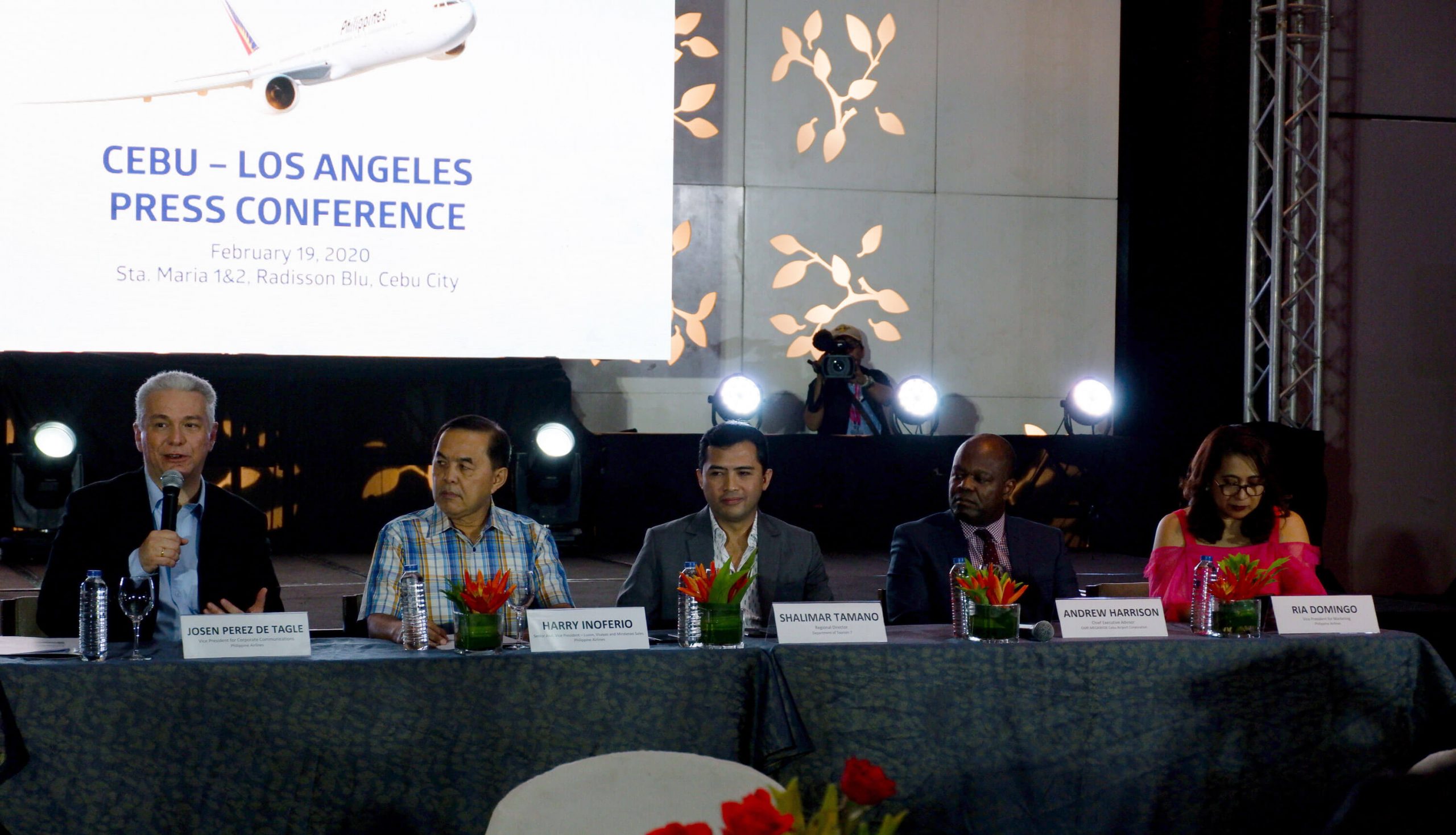 ANNOUNCEMENT. PAL officials and partners answer questions during the launching of the route. From left are, Josen Perez de Tagle, PAL Vice President for Corporate Communications; Harry Inoferio, PAL Senior Assistant Vice President for Sales; Shalimar Tamano, Department of Tourism 7 Regional Director; Andre Harrison, GMR Megawide Cebu Airport Corporation Chief Executive Advisor; and Ria Domingo, PAL Vice President for Marketing.