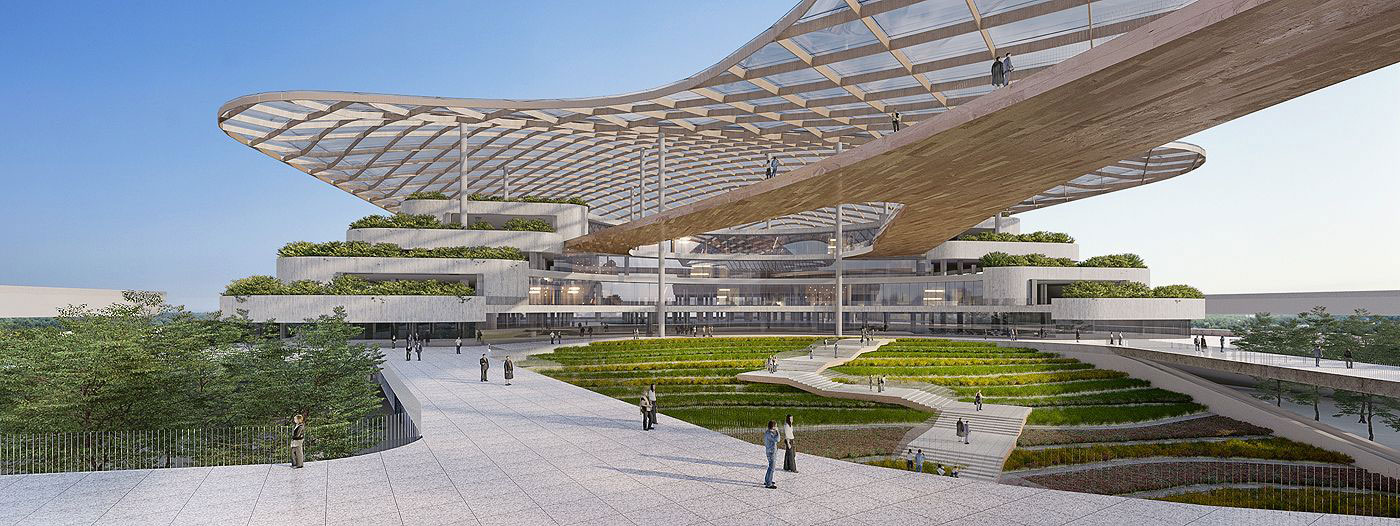 Multi-level pathways will include a wooden-detail bridge connecting existing terminal with new building.