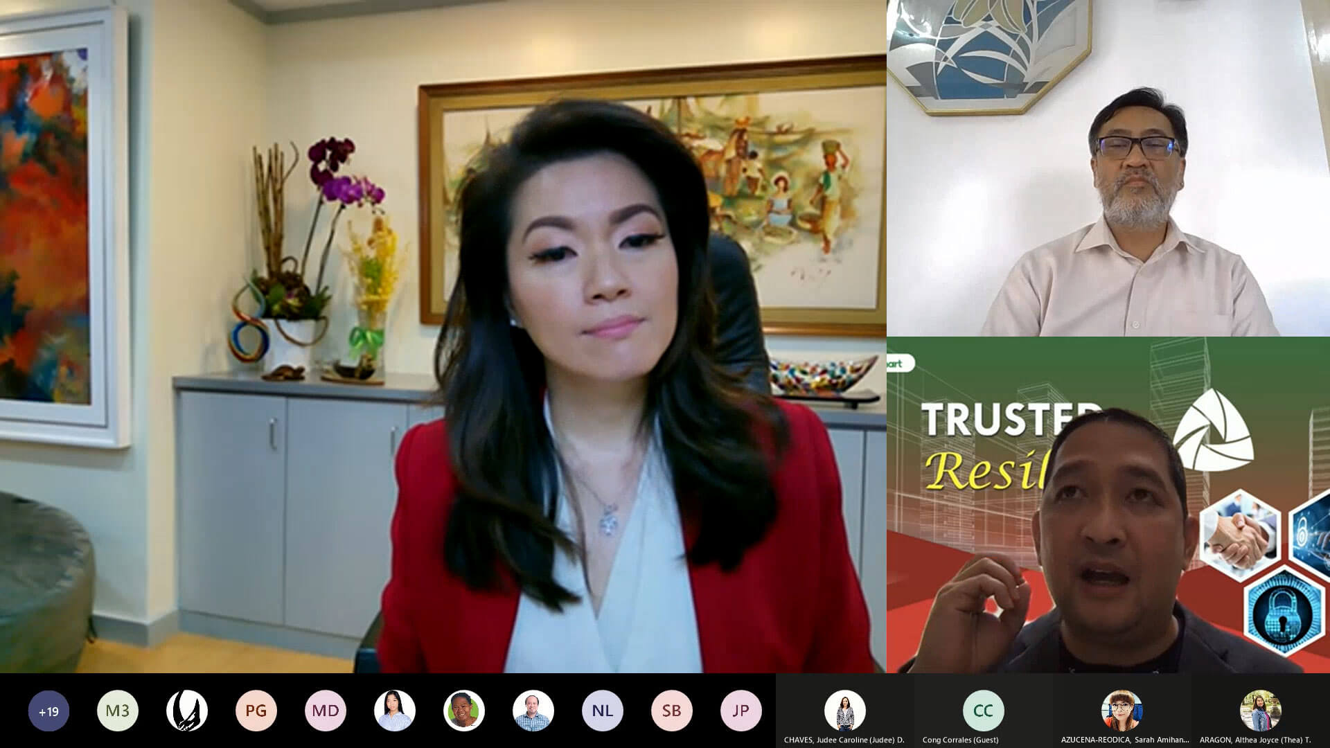 SAFER INTERNET. Catherine Yap-Yang, First Vice President and Group Head, Corporate Communications of PLDT-Smart hosts a discussion on how the company is fighting online sexual abuse and exploitation of children or OSEAC. With her in the online forum are Angel T. Redoble, First Vice President and Chief Information Security Officer of PLDT Group, ePLDT Group, and Smart (top) and Ace Acedillo, First Vice President and Chief Information Security Officer.