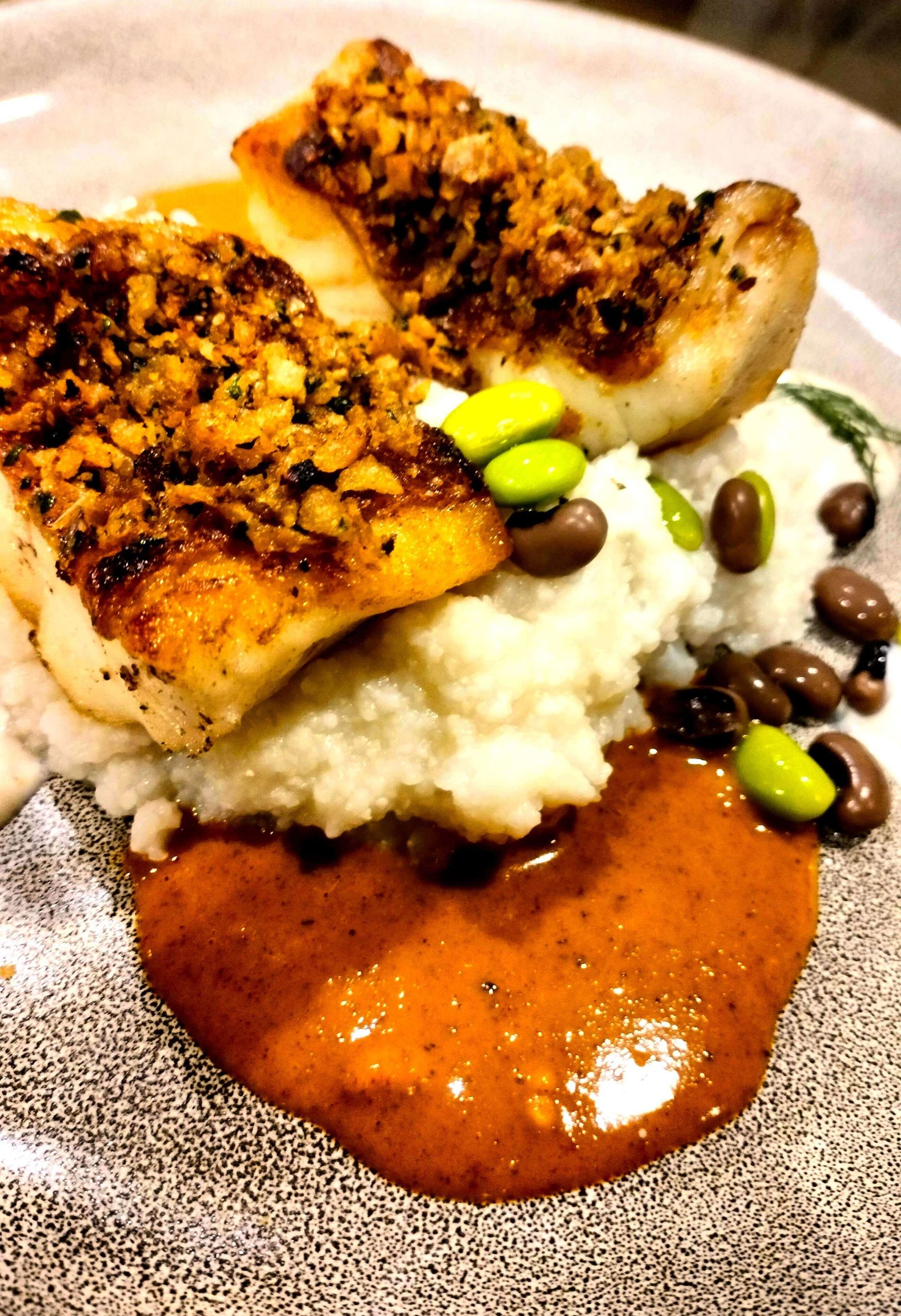This was delicious: Madras Curry, Seared Fish. This took two hours to serve.
