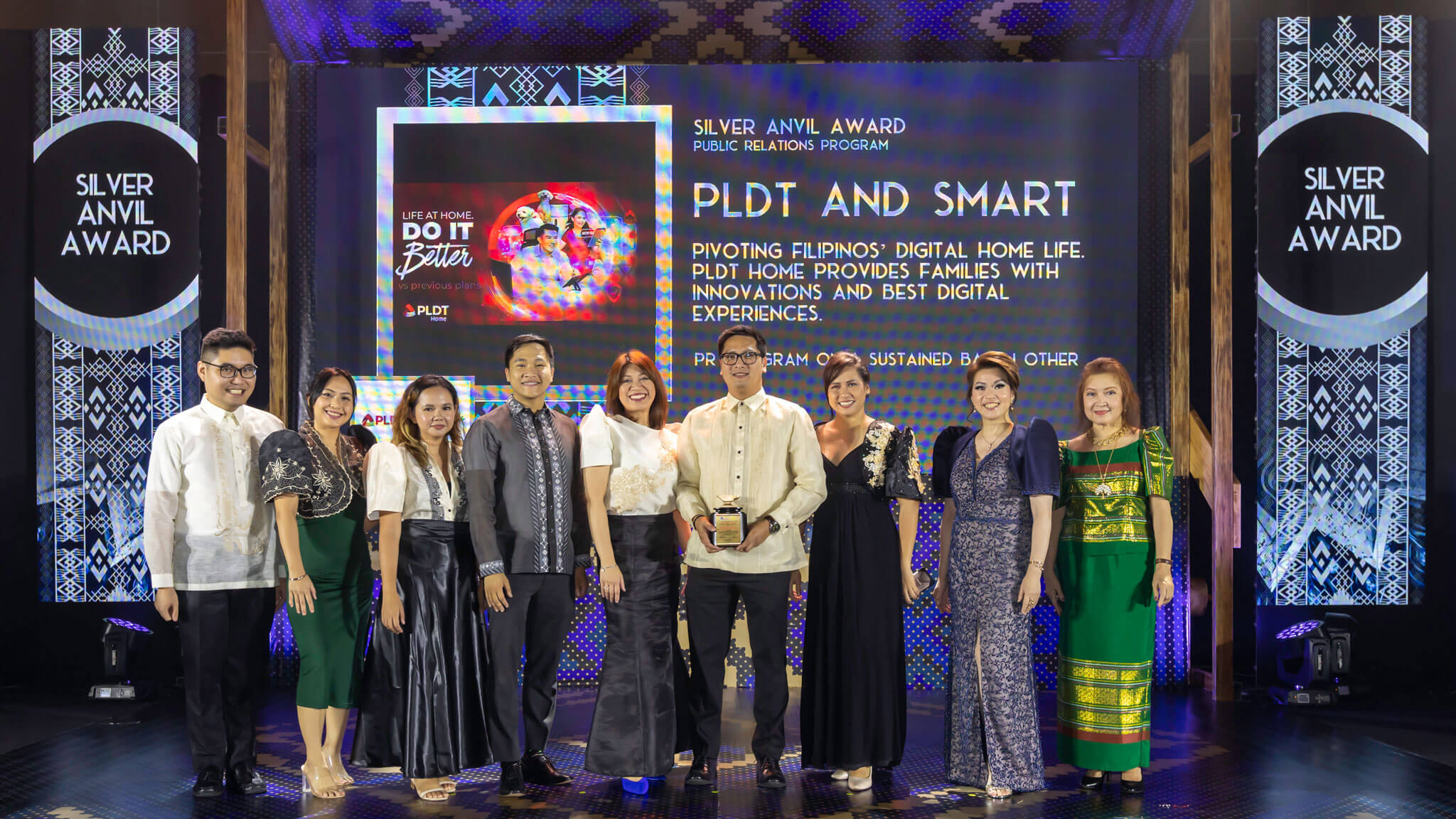 PLDT Home also bagged the Silver Anvil Award for its “Do It Better” campaign. In photo are: PLDT Home Product Manager for Entertainment Kristine Rementilla, Digital Marketing Specialist Christine Jane Sab, Brand Equity Manager Eason de Guzman Jr., AVP and Head of Digital Services Janice Lagaso, Senior Product Manager and Head of Fixed Wired Broadband Irwin de Guzman, VP and Head of Digital Services Evert Chris Miranda, and FVP and Group Head of Corporate Communications at PLDT and Smart Cathy Yang.