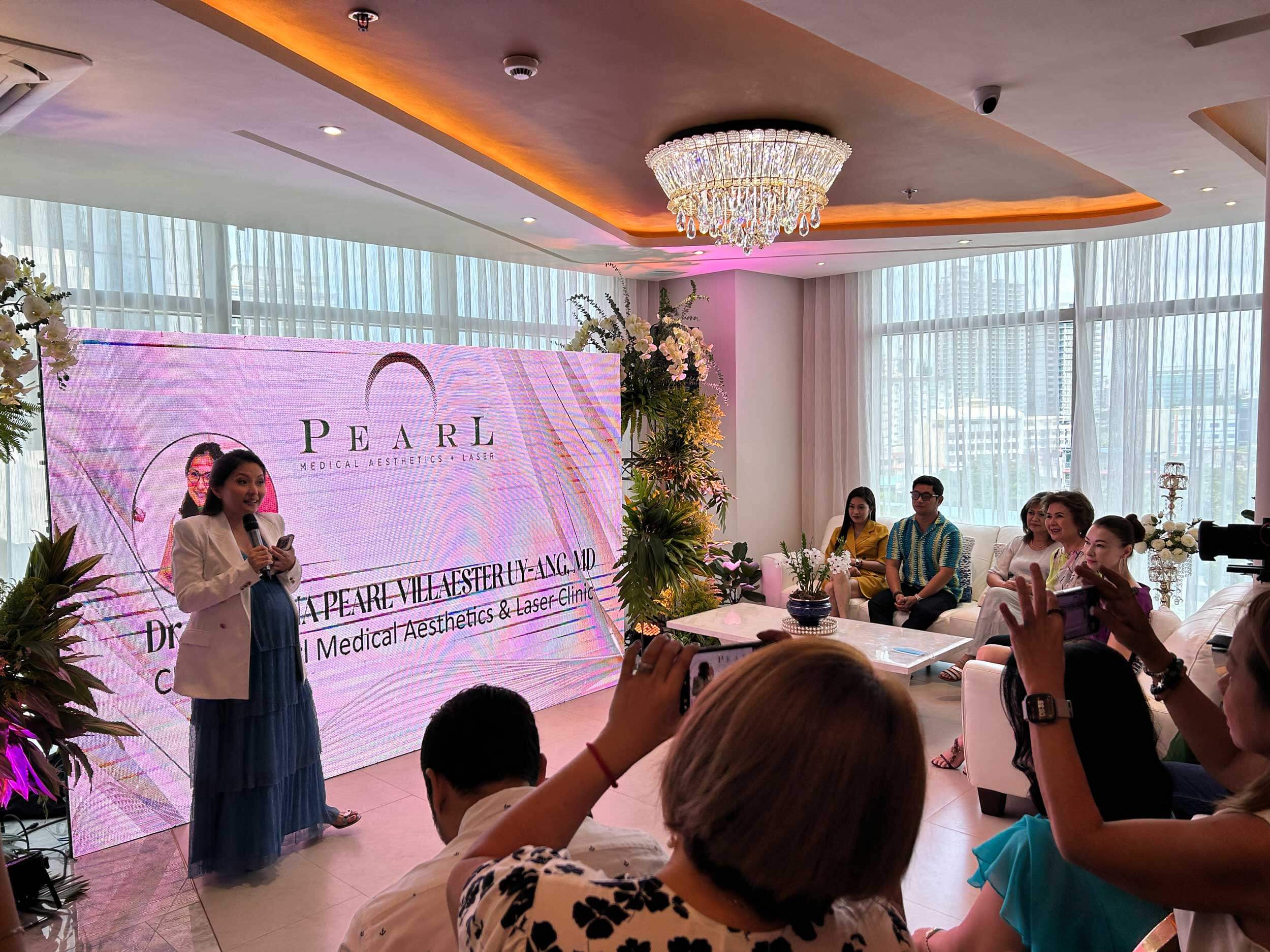 Pearl Medical Aesthetics & Laser Clinic CEO, Dr. Shahana Pearl V. Uy-Ang speaks during the opening of its new wing.