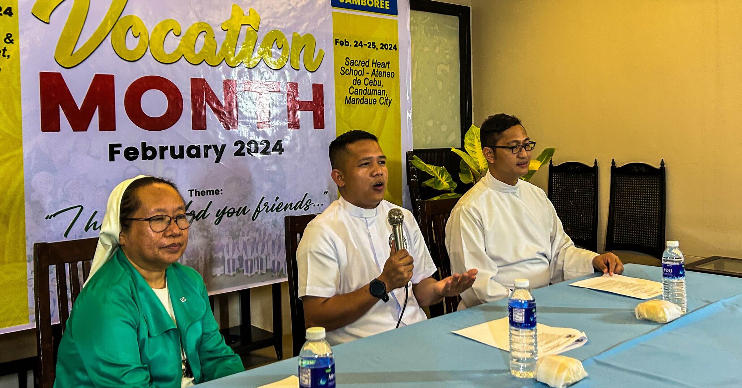 VOCATION MONTH. Announcing the activities for the Vocation Month in the Archdiocese of Cebu are (from left) Sr. Cecilia Tapang of Living the Gospel Community, Fr. Christian James Mayol of the Seminario Mayor de San Carlos, and Fr. Ferderiz Cantiller, President of the Directors of Vocations in the Philippines (DVP) Cebu.
