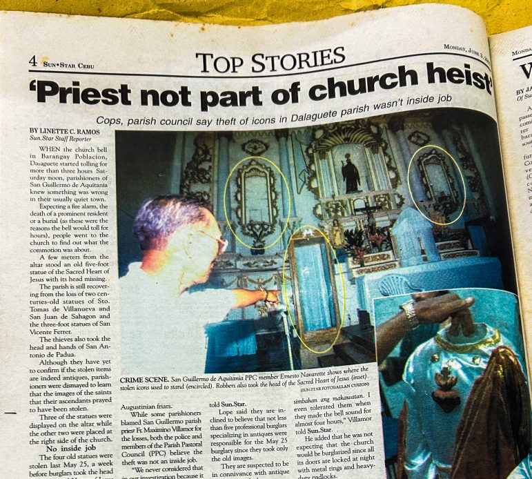 The Sun.Star Cebu report on the thefts of San Guillermo de Aquitana parish church in Dalaguete on its June 3, 2002 issue.